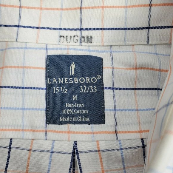 Lanesboro Men Non Iron White Blue Orange Checkered Button Up Shirt Extra Buttons - Picture 4 of 10